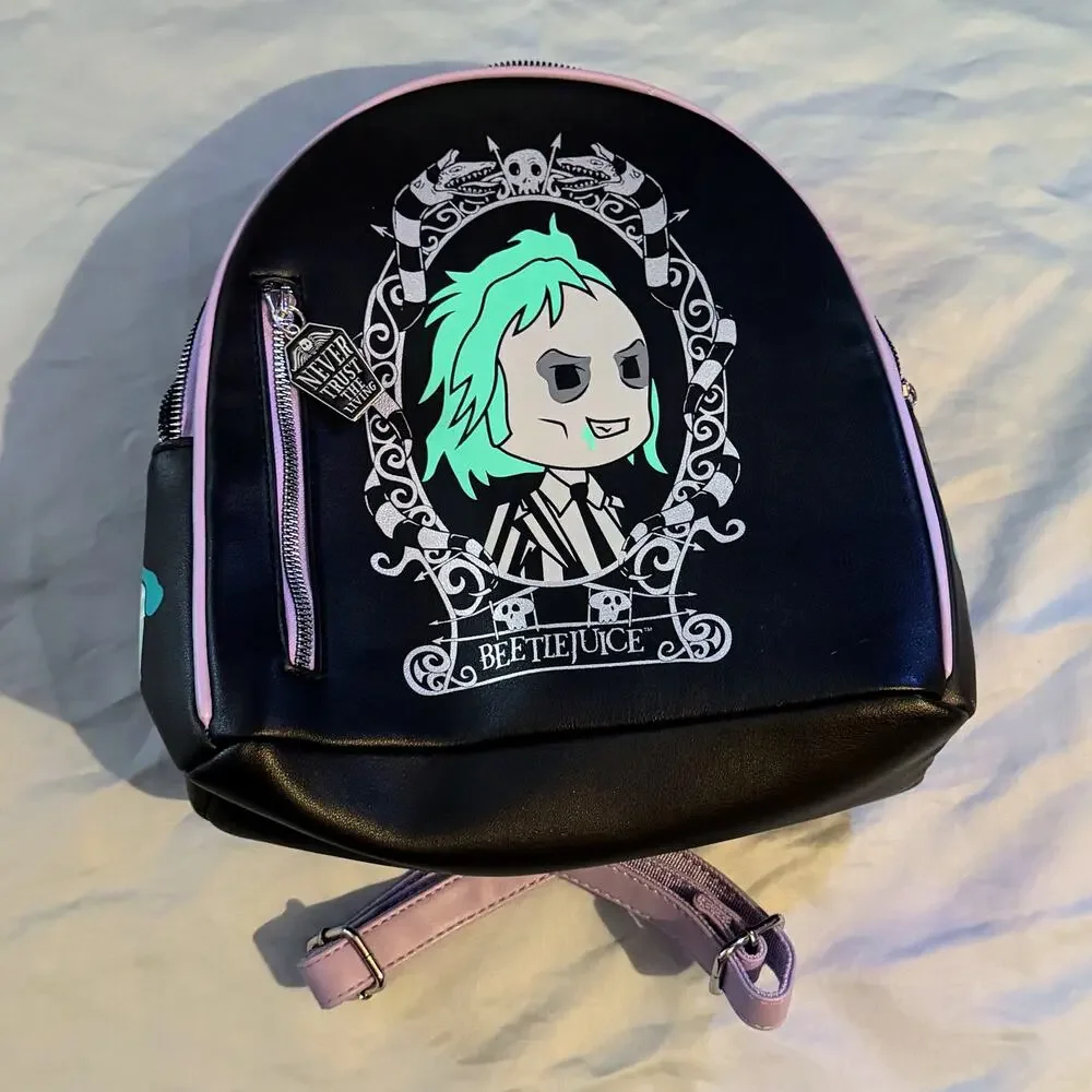 Beetlejuice Mini‎ Backpack Faux Leather Black Pink Horror Goth Bag Green Purple